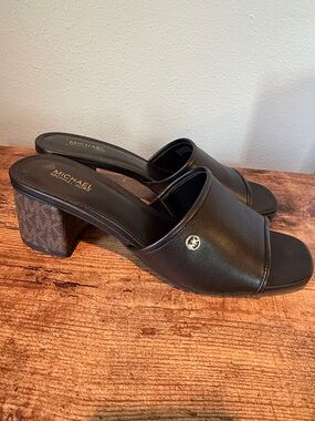 Michael Kors Black Leather Slide Mules with Block Heel